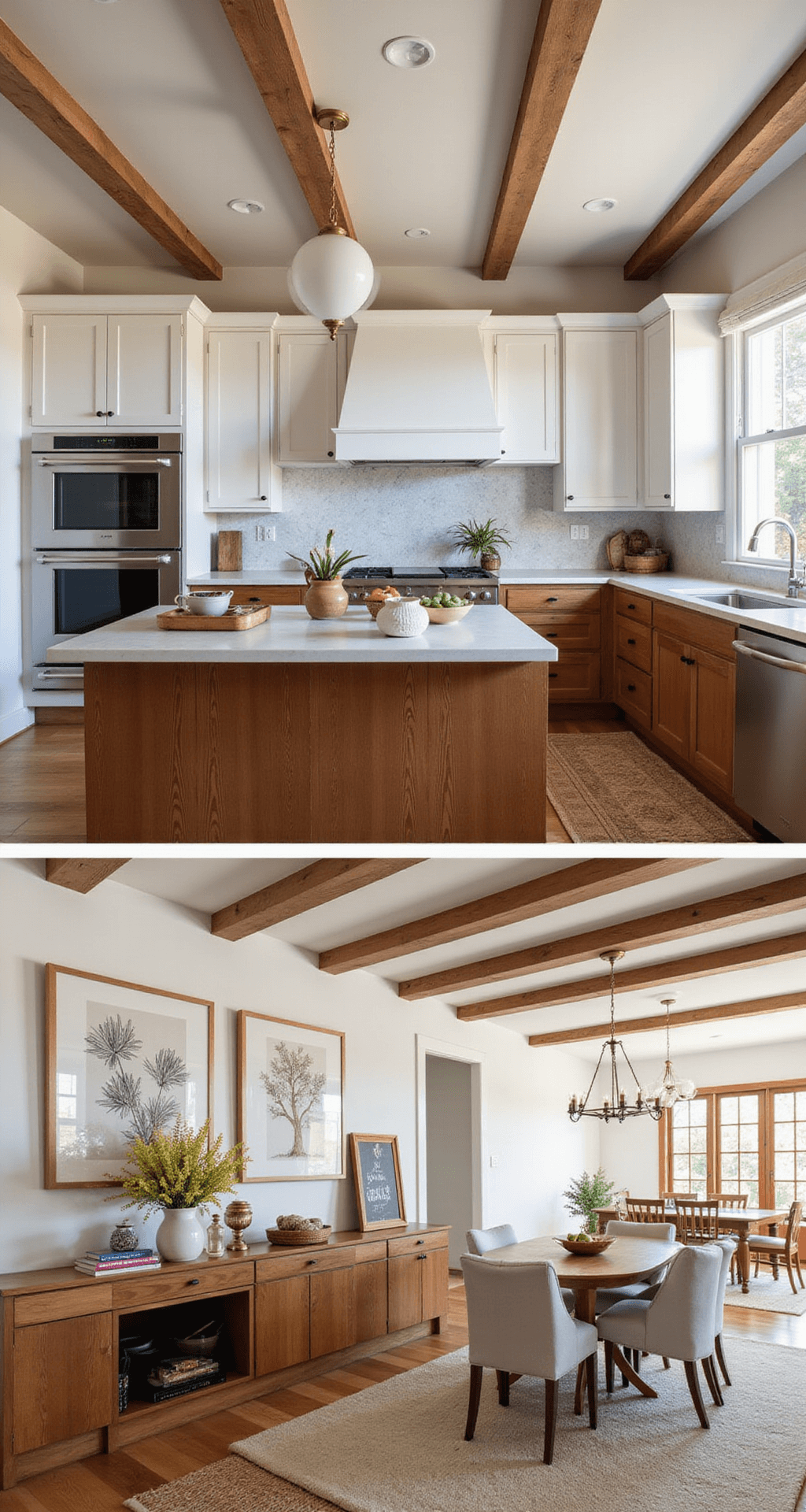 Wood Tones for Traditional Kitchen Cabinets: A Comprehensive Guide to Timeless Elegance A spacious great room kitchen with a two-tone wood design, showcasing white oak upper cabinets and rich cherry base units under a coffered ceiling with exposed beams. The scene is illuminated by early morning light, highlighting woven textiles, an earthenware collection, and botanical prints that enhance the collected aesthetic.