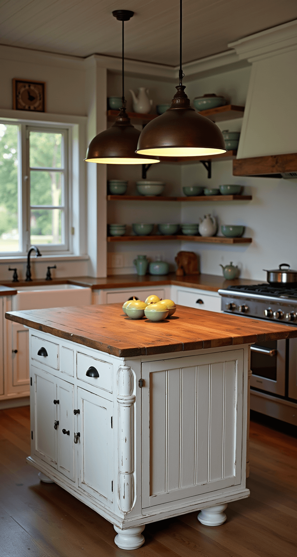 Traditional Kitchen Island Ideas: Timeless Elegance Meets Functional Design Intimate farmhouse kitchen with a 10x12ft island featuring distressed white paint and a reclaimed barn wood top, illuminated by oil-rubbed bronze pendant lights. Open shelving displays vintage copper cookware, while sage green ceramic bowls add colorful accents. The scene is captured straight-on at eye level, highlighting rustic textures and a cozy atmosphere at dusk.