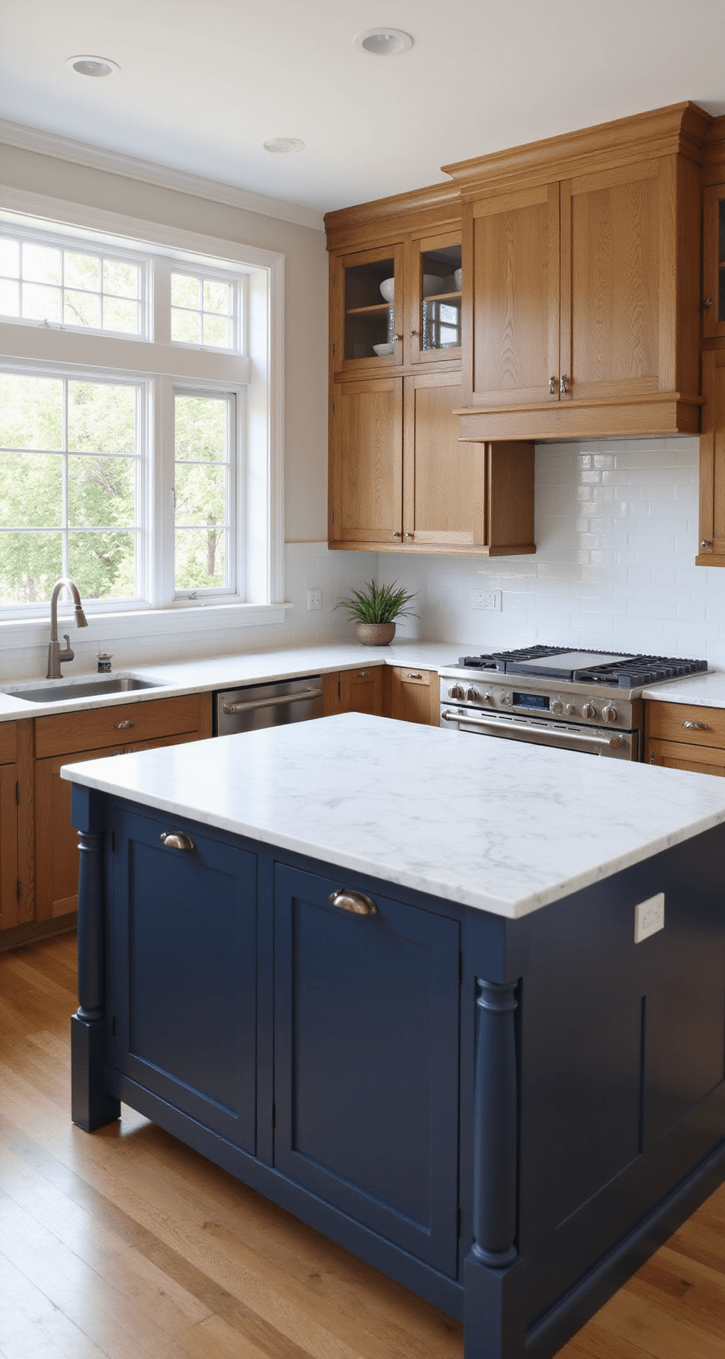 Traditional Kitchen Island Ideas: Timeless Elegance Meets Functional Design A sunlit modern-traditional kitchen featuring a split-level island with a deep navy lower section and Carrara marble prep surface, and a raised dining level in quarter-sawn oak. Custom pewter hardware accentuates glass-front display cabinets, while a white subway tile backsplash complements the design. Morning light highlights the marble veining, captured from a corner at a slight elevation to showcase the levels.