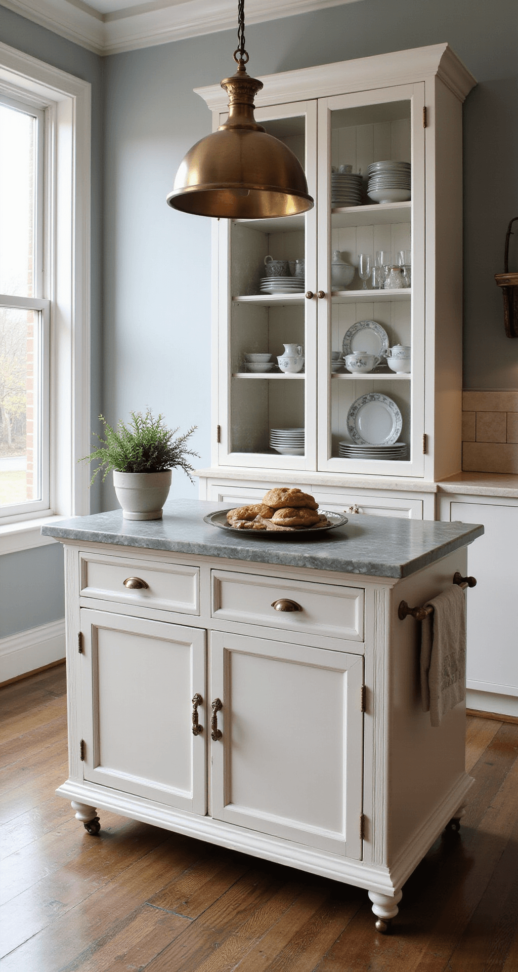 Traditional Kitchen Island Ideas: Timeless Elegance Meets Functional Design Compact mobile kitchen island with an antique white finish and grey marble top, featuring brass casters and hardware. The glass-front cabinet displays heirloom china, illuminated by afternoon light casting shadows through window mullions, with a single oversized brass pendant hanging above. Low angle view highlights its height and mobility.