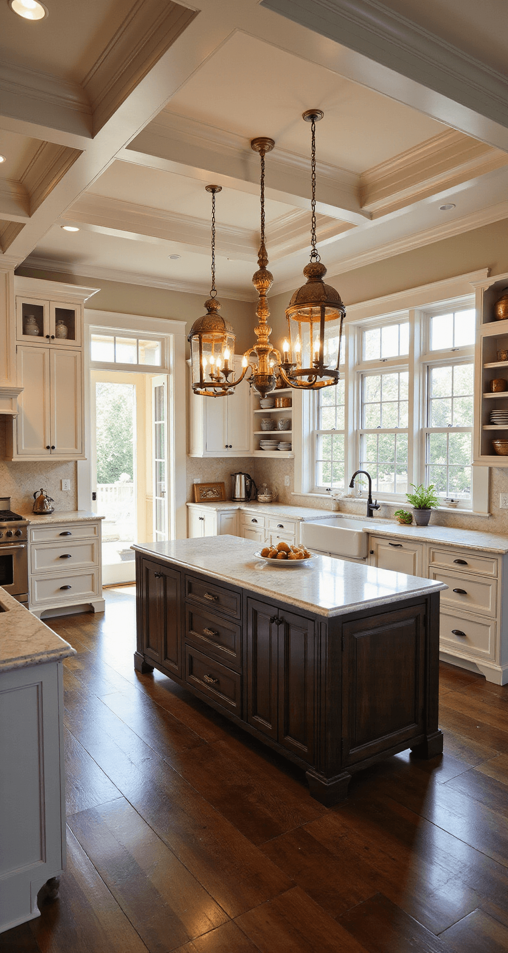 Traditional Kitchen Lighting: Creating Warmth and Elegance in Your Culinary Space A spacious traditional kitchen during golden hour, featuring white inset cabinets, a marble island, and antique brass fixtures, with natural light enhancing the rich walnut floors and copper cookware on open shelving.