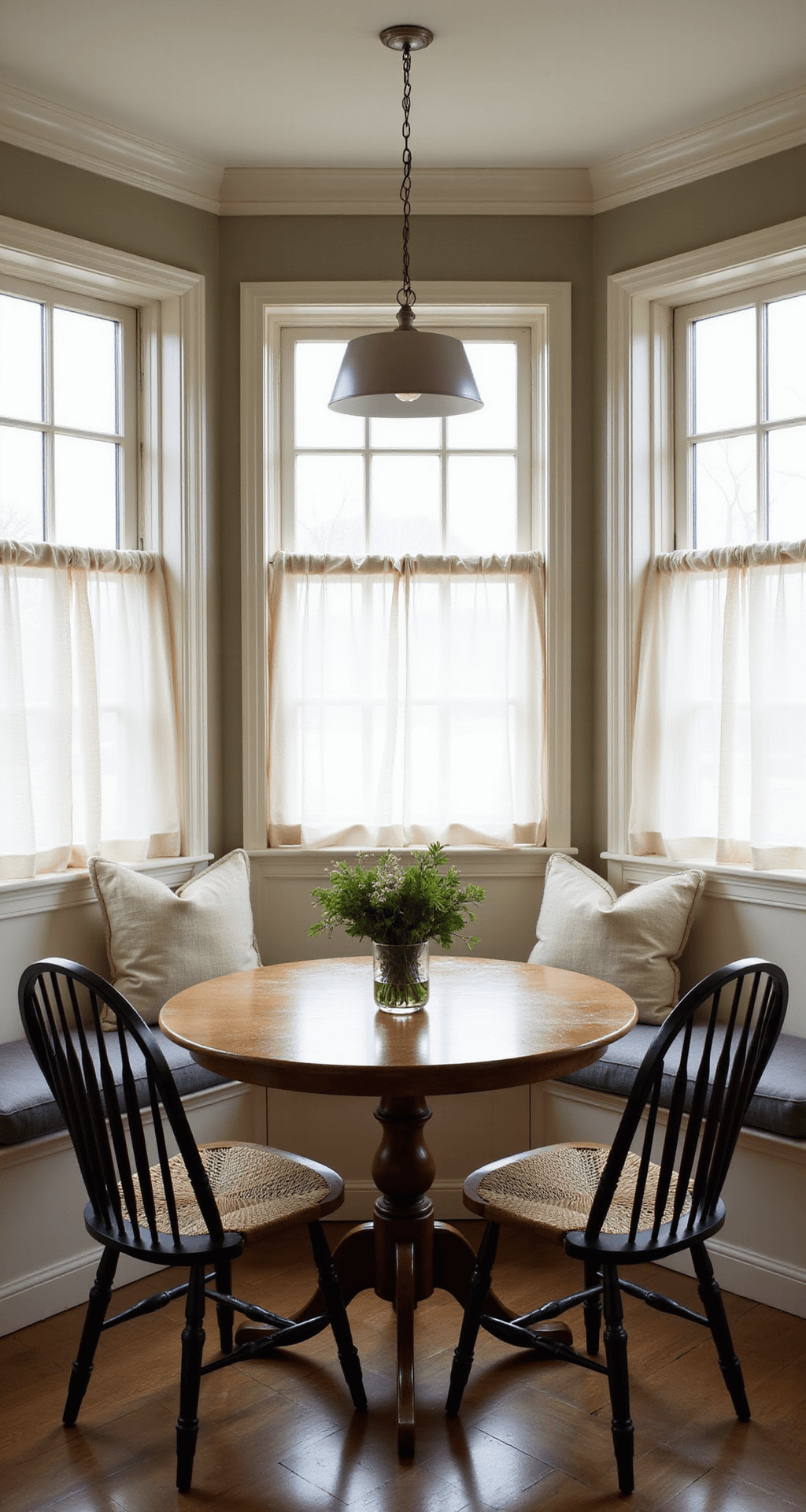 Traditional Kitchen Lighting: Creating Warmth and Elegance in Your Culinary Space A cozy breakfast nook bathed in morning light, featuring a round pedestal table, vintage drum pendant light, woven chairs, and corner windows with sheer linen curtains, all accented by traditional wainscoting and picture frame molding.