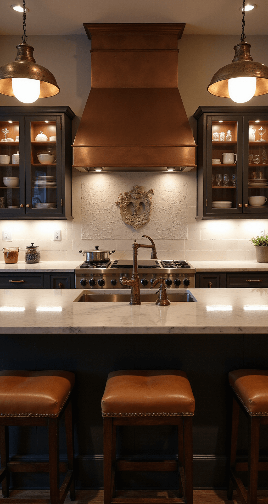 Traditional Kitchen Lighting: Creating Warmth and Elegance in Your Culinary Space A professional-grade kitchen workspace during blue hour, featuring bronze sconces, an antiqued copper hood, illuminated marble countertops, vintage dishware in glass-front cabinets, and worn leather barstools, all enhanced by warm lighting.