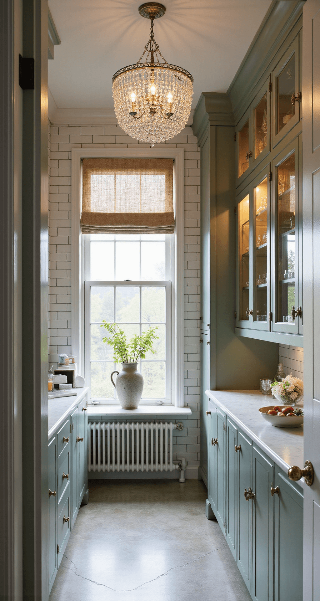 Traditional Kitchen Lighting: Creating Warmth and Elegance in Your Culinary Space Elegant butler's pantry with sage green cabinetry, vintage crystal display, and afternoon light creating prismatic patterns, captured from the doorway.