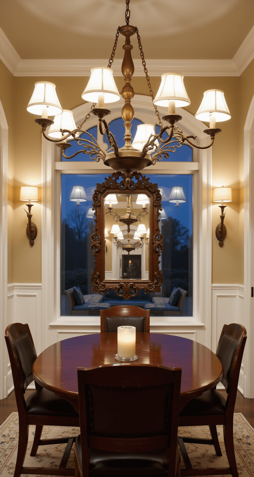 Traditional Kitchen Lighting: Creating Warmth and Elegance in Your Culinary Space A cozy dining alcove at twilight featuring an oil-rubbed bronze chandelier, oval mahogany table, and antique mirror, all illuminated by candlelight and warm artificial lighting.