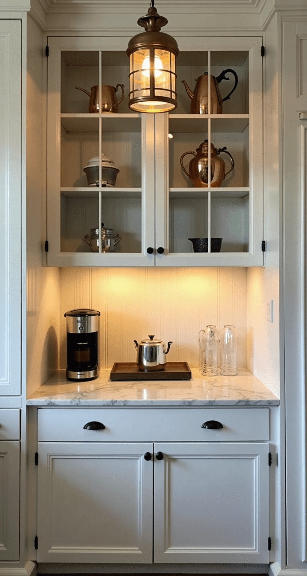 Traditional Kitchen Lighting: Creating Warmth and Elegance in Your Culinary Space A cozy built-in coffee bar nook featuring a marble counter, illuminated by a petite antique brass lantern pendant and under-cabinet lighting, with glass-front cabinets displaying copper and silver coffee service pieces, all captured at sunrise with soft white beadboard backsplash.