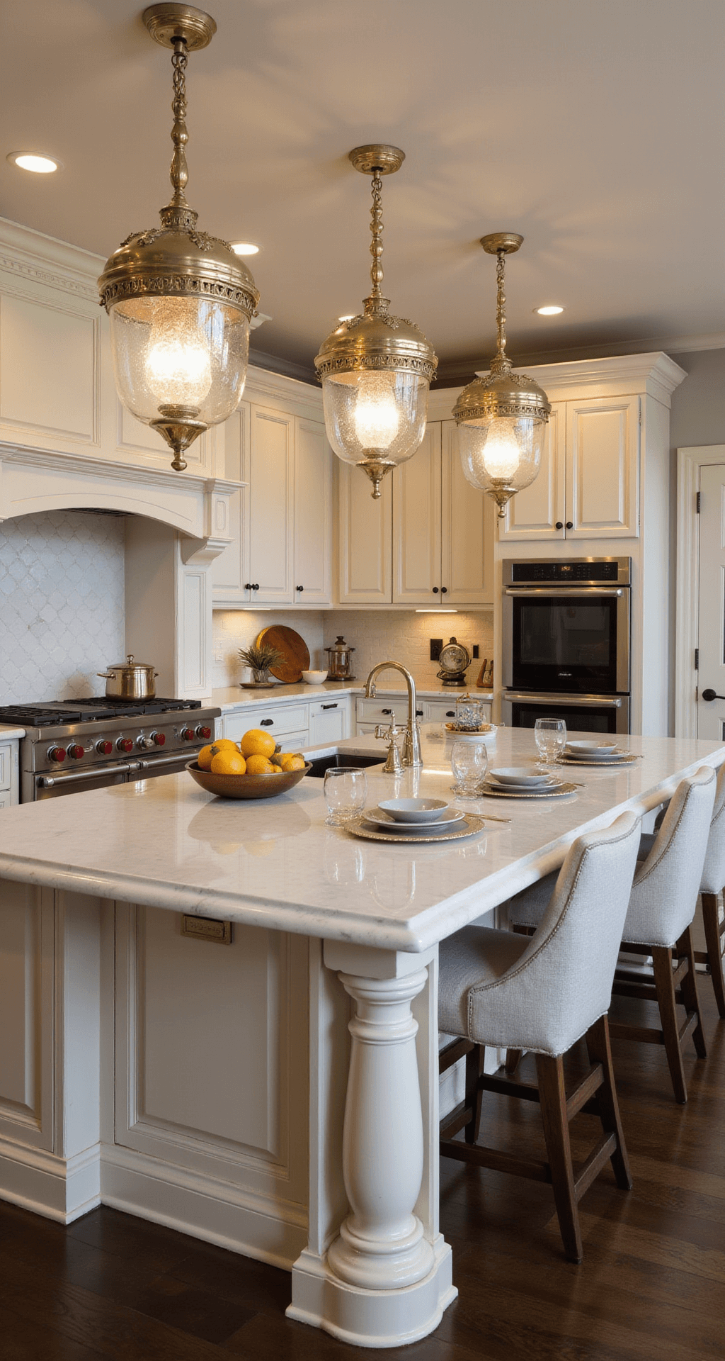 Traditional Kitchen Lighting: Creating Warmth and Elegance in Your Culinary Space A large kitchen island with honed marble surface and oversized glass-and-brass pendant lights, showcasing mixed metals and traditional details, captured from a corner angle with soft focus to emphasize depth.