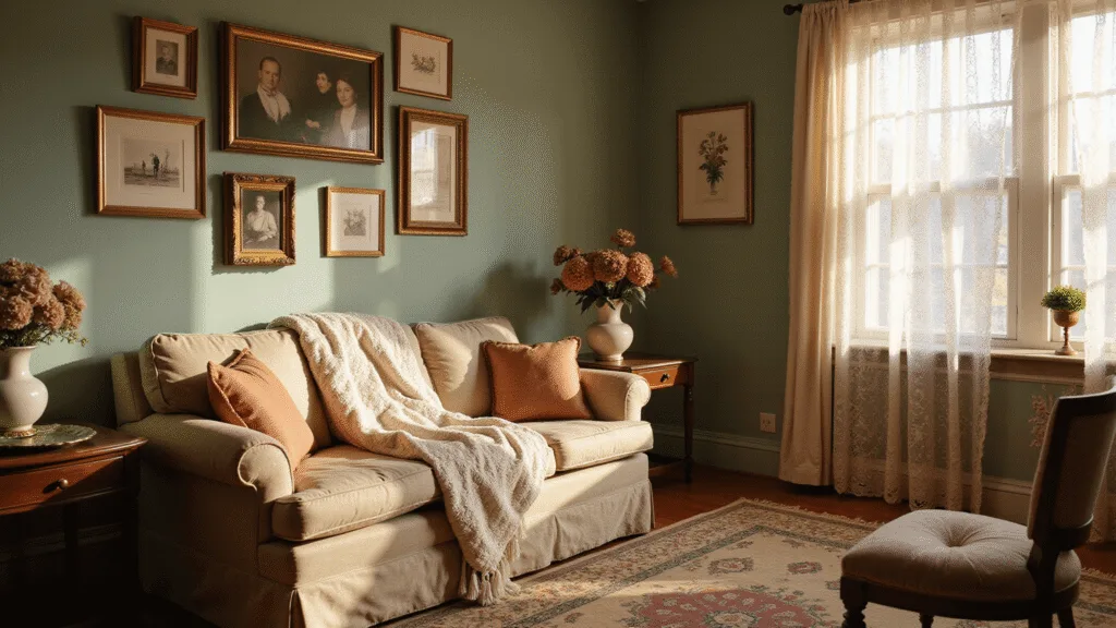 A cozy vintage living room featuring a floral chintz sofa, handmade afghan, eclectic gallery wall, and warm lighting from lace curtains, all highlighted in soft textures and warm hues.