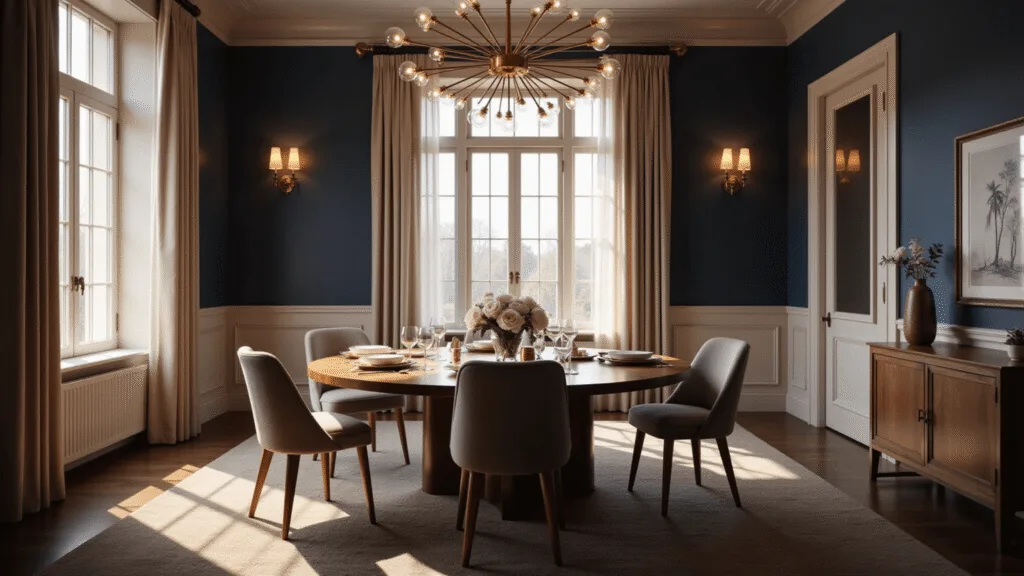 Photorealistic interior of an elegant dining room featuring a brass sputnik chandelier above a round walnut table, with navy blue walls, cream wainscoting, and warm-toned sconces, all illuminated by soft ambient lighting during golden hour.