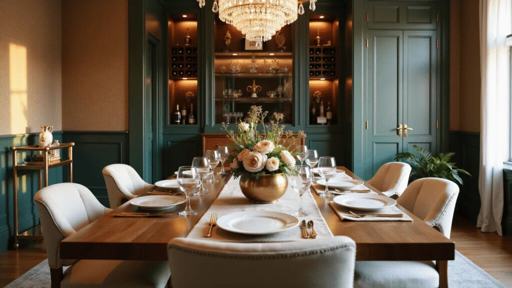 Cinematic wide-angle shot of an elegant dining room at golden hour, featuring a walnut dining table set with white porcelain dinnerware and gold flatware, surrounded by cream upholstered chairs, with a rich brass bar cart and a crystal chandelier illuminating the scene.