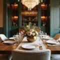 Cinematic wide-angle shot of an elegant dining room at golden hour, featuring a walnut dining table set with white porcelain dinnerware and gold flatware, surrounded by cream upholstered chairs, with a rich brass bar cart and a crystal chandelier illuminating the scene.