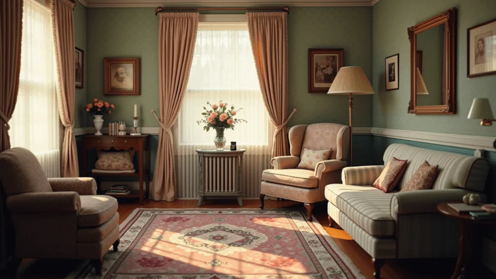 A sunlit Victorian living room featuring a floral wingback chair, brass floor lamp, layered rugs, gallery wall with family photos, and fresh garden roses, all captured in soft morning light with a shallow depth of field.