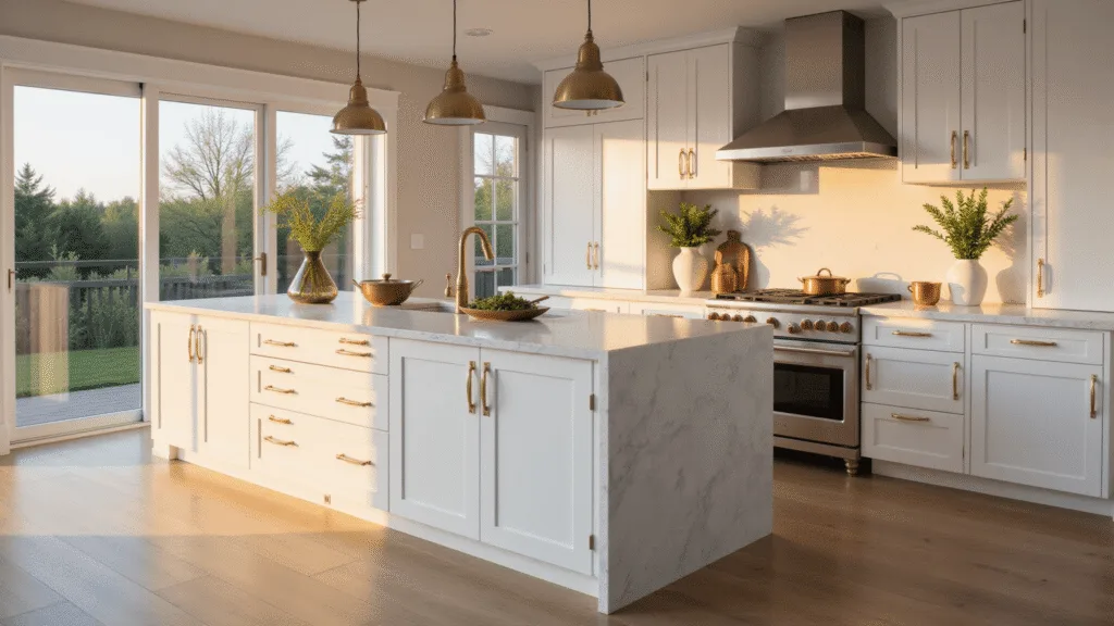 A luxury contemporary kitchen featuring a white Shaker-style island with a Carrara marble waterfall countertop, illuminated by golden hour light through floor-to-ceiling windows, with warm shadows on wide-plank white oak flooring, brass accents, and artisanal decor.