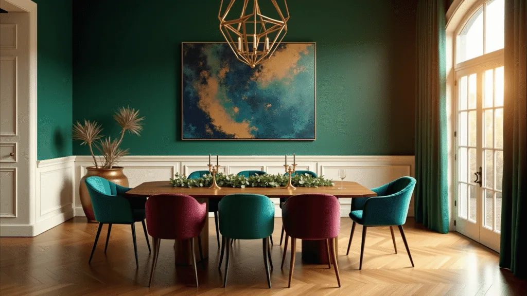 Cinematic interior photograph of an opulent dining room with emerald green walls, walnut dining table, brass chandelier, and jewel-toned velvet chairs, illuminated by warm golden hour light.