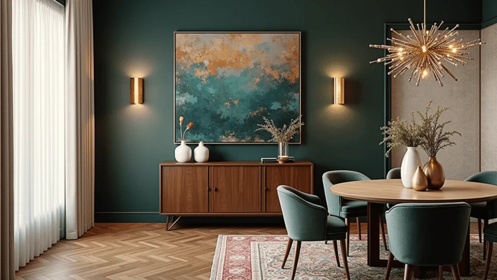 Photorealistic image of an upscale dining room at golden hour, featuring a dramatic salon-style gallery wall with mixed media artwork, an oversized abstract canvas, modern brass sconces, a round oak dining table under a contemporary chandelier, and a vintage Persian rug on herringbone hardwood floors.