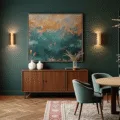 Photorealistic image of an upscale dining room at golden hour, featuring a dramatic salon-style gallery wall with mixed media artwork, an oversized abstract canvas, modern brass sconces, a round oak dining table under a contemporary chandelier, and a vintage Persian rug on herringbone hardwood floors.