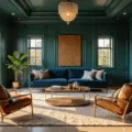 A hyperrealistic architectural photograph of a spacious contemporary living room with deep emerald lacquered walls and a coffered ceiling, featuring a midnight blue velvet sofa and brass-framed cognac leather accent chairs. The room is adorned with layered cream and gold Moroccan rugs, and floor-to-ceiling windows allowing golden hour sunlight to create dramatic shadows. A crystal chandelier hangs overhead, accompanied by curated brass objects and coffee table books, alongside a fiddle leaf fig plant. Captured in 8K resolution with soft natural lighting and cinematic color grading, the image showcases a symmetrical composition emphasizing textures and materials.