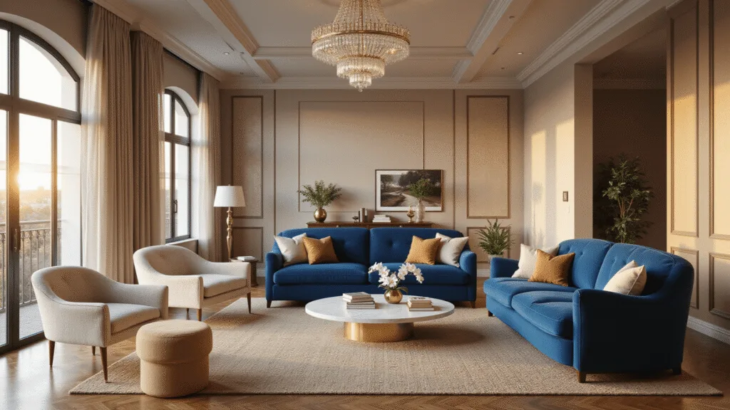A luxurious living room bathed in soft golden hour sunlight, featuring a sapphire velvet sofa, cream bouclé chairs, a marble coffee table, and elegant decor, all highlighted by a crystal chandelier and rich textures.