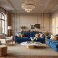 A luxurious living room bathed in soft golden hour sunlight, featuring a sapphire velvet sofa, cream bouclé chairs, a marble coffee table, and elegant decor, all highlighted by a crystal chandelier and rich textures.