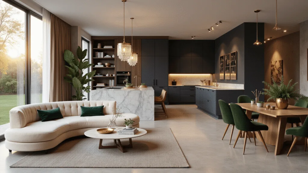 A stunning cinematic interior showcase featuring luxurious rooms, including a living room with a cream velvet sofa, a kitchen with a waterfall island and brass accents, a bathroom with a freestanding copper soaking tub, and a Scandinavian bedroom with exposed beams, all bathed in warm golden hour light and high-end finishes.
