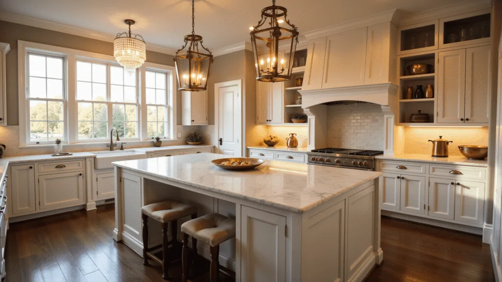 A luxurious traditional kitchen bathed in warm golden hour light, featuring white inset cabinets, honed marble countertops, antique brass lanterns, and a grand island, with vintage copper cookware and rich walnut floors, capturing an elegant interplay of natural and artificial light.