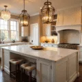 A luxurious traditional kitchen bathed in warm golden hour light, featuring white inset cabinets, honed marble countertops, antique brass lanterns, and a grand island, with vintage copper cookware and rich walnut floors, capturing an elegant interplay of natural and artificial light.