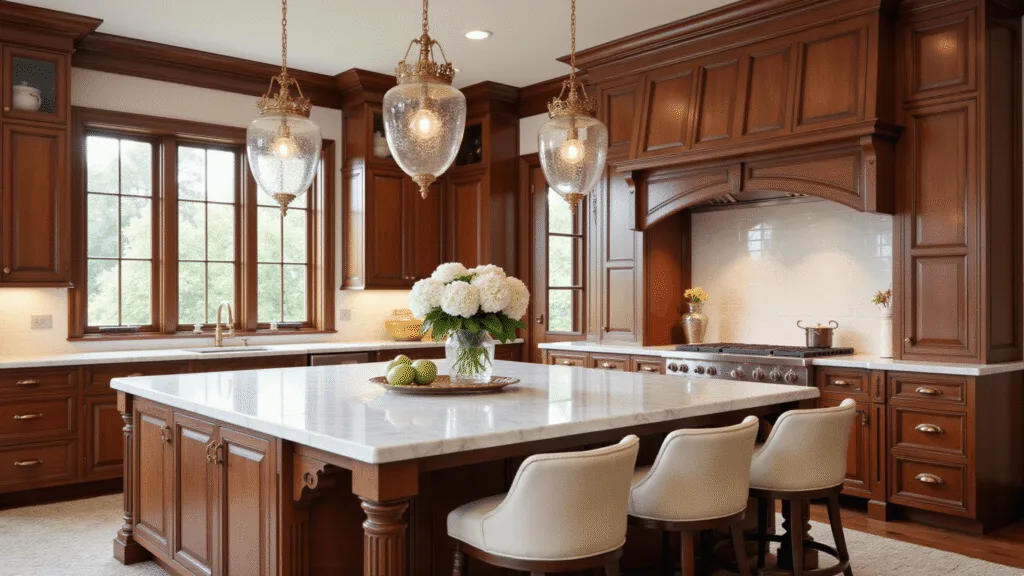 Photorealistic interior of a grand traditional kitchen with a cherry wood island, white Carrara marble countertop, vintage brass pendant lights, and cream-upholstered bar stools, featuring intricate details and natural light enhancing textures.