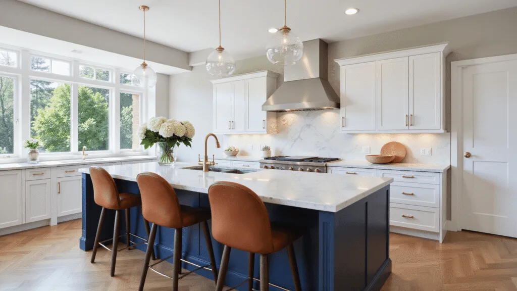Photorealistic contemporary kitchen featuring a navy blue island with a white marble waterfall countertop, illuminated by natural sunlight, glass pendant lights, white shaker cabinets, oak herringbone flooring, brass hardware, cognac leather barstools, and white hydrangeas.