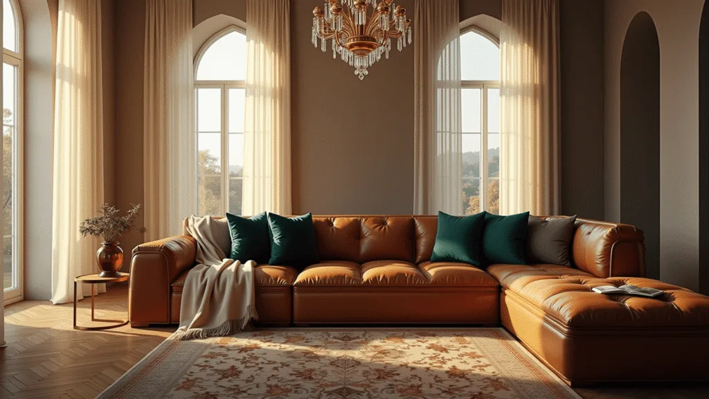 Photorealistic grand living room with a cognac brown Italian leather sofa, dramatic arched windows, jewel-toned silk velvet pillows, and a vintage Persian rug, illuminated by golden hour sunlight.