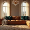 Photorealistic grand living room with a cognac brown Italian leather sofa, dramatic arched windows, jewel-toned silk velvet pillows, and a vintage Persian rug, illuminated by golden hour sunlight.