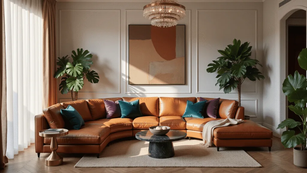 A sophisticated living room featuring a curved cognac leather sofa with jewel-toned velvet pillows, a champagne silk throw, and a minimalist black marble coffee table, all illuminated by soft golden hour light through sheer linen curtains.