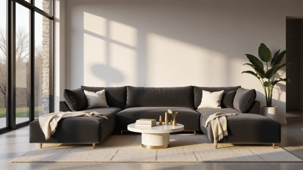 A photorealistic living room featuring a deep charcoal gray L-shaped velvet sofa adorned with ivory bouclé pillows and a cashmere throw, illuminated by golden hour light streaming through floor-to-ceiling windows, with a round marble coffee table and geometric area rug, against a backdrop of clean white walls and black metal window frames.