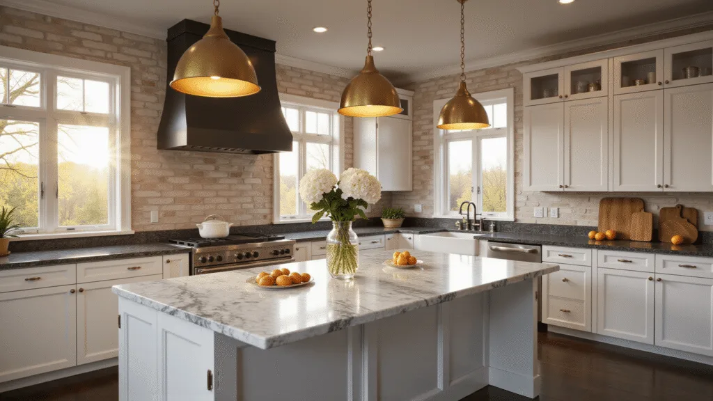 A luxurious kitchen featuring a 12-foot marble island with dramatic grey veining, white shaker cabinets, deep charcoal granite countertops, and oversized brass pendant lights, all illuminated by soft natural light from floor-to-ceiling windows, adorned with fresh hydrangeas and copper cookware.