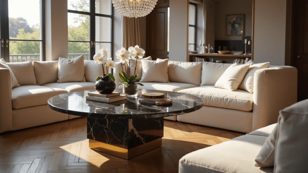 Cinematic photograph of a luxurious living room featuring a Nero Marquina marble center table with brass base, surrounded by cream bouclé sofas, with sunlight streaming through large windows, a crystal chandelier overhead, and elegant accessories on the table, captured in ultra-high resolution.