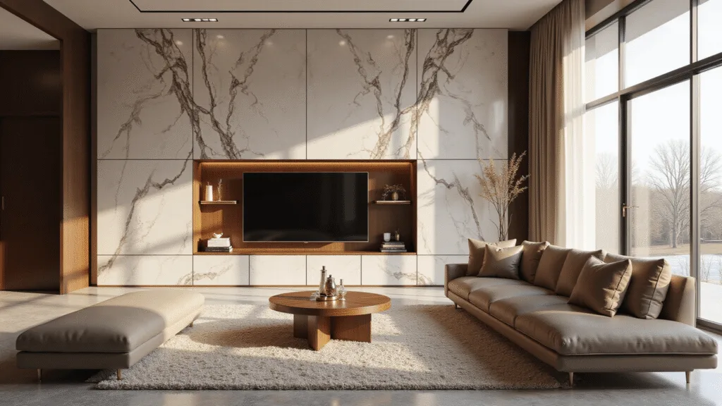 Photorealistic interior shot of a luxurious living room with a marble media wall, a mounted OLED TV, walnut shelves with brass accents, and a minimalist decor, bathed in golden hour light.