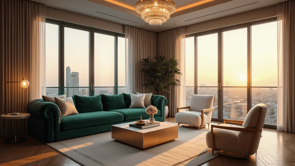 Hyperrealistic image of a luxurious penthouse living room bathed in golden hour light, featuring an L-shaped emerald velvet sofa, cream bouclé accent chairs, a marble coffee table, and a crystal chandelier, with city skyline views through floor-to-ceiling windows.