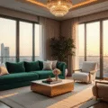 Hyperrealistic image of a luxurious penthouse living room bathed in golden hour light, featuring an L-shaped emerald velvet sofa, cream bouclé accent chairs, a marble coffee table, and a crystal chandelier, with city skyline views through floor-to-ceiling windows.