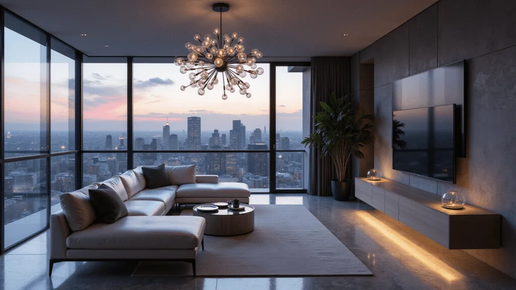 A photorealistic wide shot of a luxurious penthouse living room at twilight, featuring floor-to-ceiling windows with panoramic city views, Italian marble flooring with LED inlays, a dramatic chandelier of glass orbs, a pearl grey leather sectional sofa, minimalist black furniture, oversized monochrome art, and ambient lighting, set against concrete grey walls and a bleached oak credenza, all bathed in golden hour light with volumetric effects.