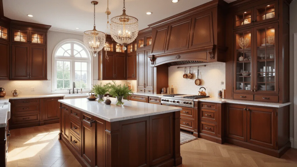 Photorealistic interior of a luxurious traditional kitchen featuring cherry wood cabinets, a Carrara marble island, and soft morning light illuminating the space.