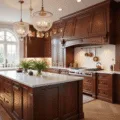 Photorealistic interior of a luxurious traditional kitchen featuring cherry wood cabinets, a Carrara marble island, and soft morning light illuminating the space.