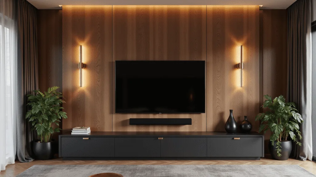 Photorealistic interior of a contemporary living room featuring a walnut wood TV wall with LED backlighting, an 85-inch mounted TV above a matte black console, and modern decor elements, all illuminated by golden hour light.