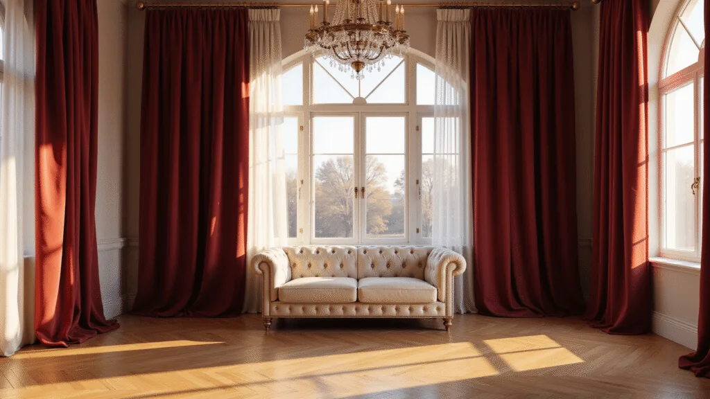 A grand living room with burgundy velvet curtains, cream tufted chesterfield sofa, and antique brass accents, illuminated by warm golden hour light.
