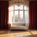 A grand living room with burgundy velvet curtains, cream tufted chesterfield sofa, and antique brass accents, illuminated by warm golden hour light.