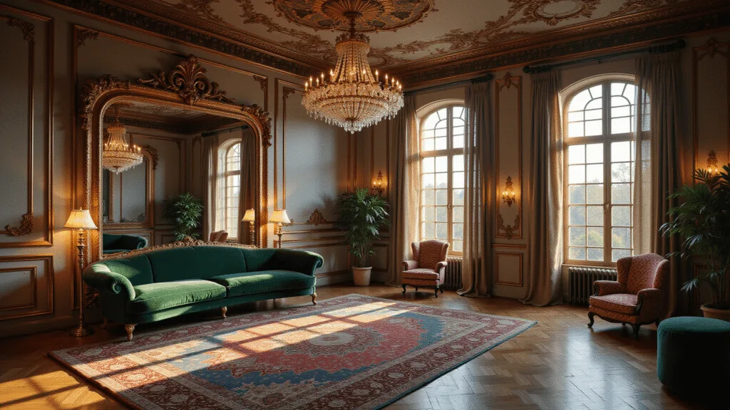 A hyperrealistic architectural photograph of an opulent drawing room featuring a curved emerald velvet sofa, ornate wall paneling, stained glass windows, layered Persian rugs, a gilt-framed mirror, and a crystal chandelier, all captured in dramatic lighting and rich colors from an elevated angle.