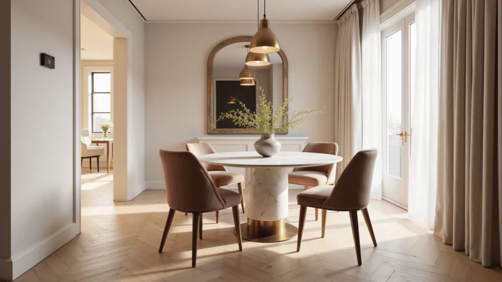 A sophisticated small dining room with a round white marble table, dusty rose velvet chairs, cream walls, and herringbone flooring, illuminated by golden hour light through large windows. An oversized antiqued mirror and a minimalist brass pendant lamp add elegance, while sheer curtains filter sunlight.