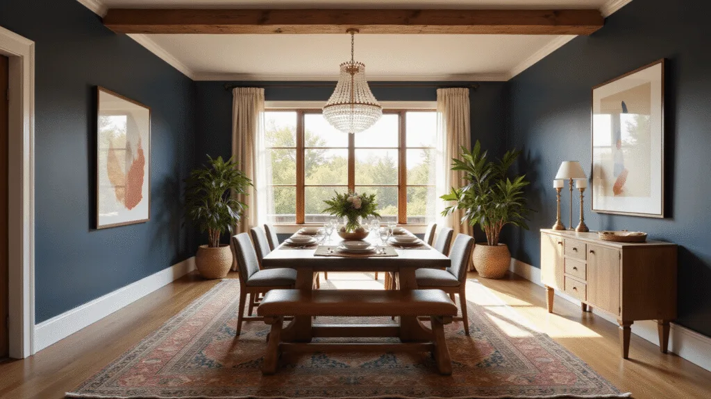 Cinematic wide-angle shot of a beautifully transformed dining room featuring a raw-edge walnut table, mixed seating, vintage Persian rug, and a crystal chandelier, all illuminated by golden hour light through large windows.