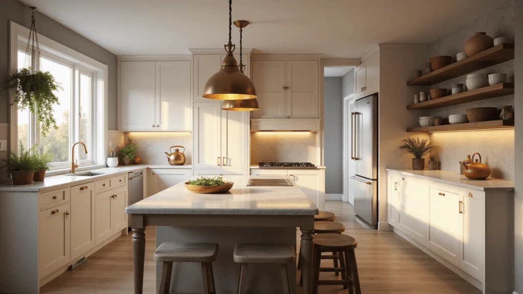 Photorealistic modern farmhouse kitchen during golden hour, featuring a marble island with brass pendant lights, cream shaker cabinets, warm LED under-cabinet lighting, and wide-plank oak flooring, illuminated by floor-to-ceiling windows casting long shadows, with artisanal pottery, fresh herbs, and a weathered copper kettle, all captured in soft natural light and dramatic shadows.