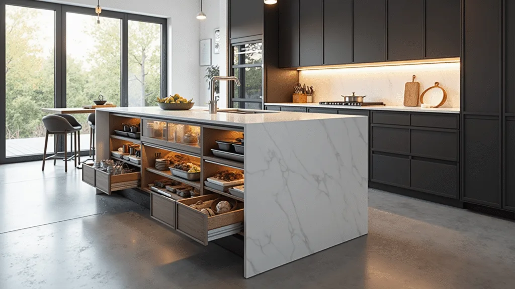 A modern luxury kitchen featuring a large white quartz island with smart storage solutions, natural light flooding in through floor-to-ceiling windows, and polished concrete floors reflecting the ambiance.