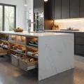 A modern luxury kitchen featuring a large white quartz island with smart storage solutions, natural light flooding in through floor-to-ceiling windows, and polished concrete floors reflecting the ambiance.