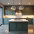 A photorealistic wide-angle shot of a modern kitchen at dusk, showcasing layered lighting with warm LED strip lights, black industrial pendant lights, and recessed ceiling lights, highlighting quartz countertops and stainless steel appliances against a marble backsplash.